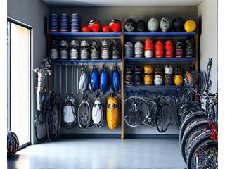 Garage with sports equipment like bikes and golf clubs neatly organized on racks