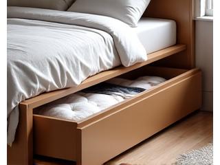 An organized bedroom with a low-profile, wheeled storage drawer discreetly tucked under the bed, holding linens.